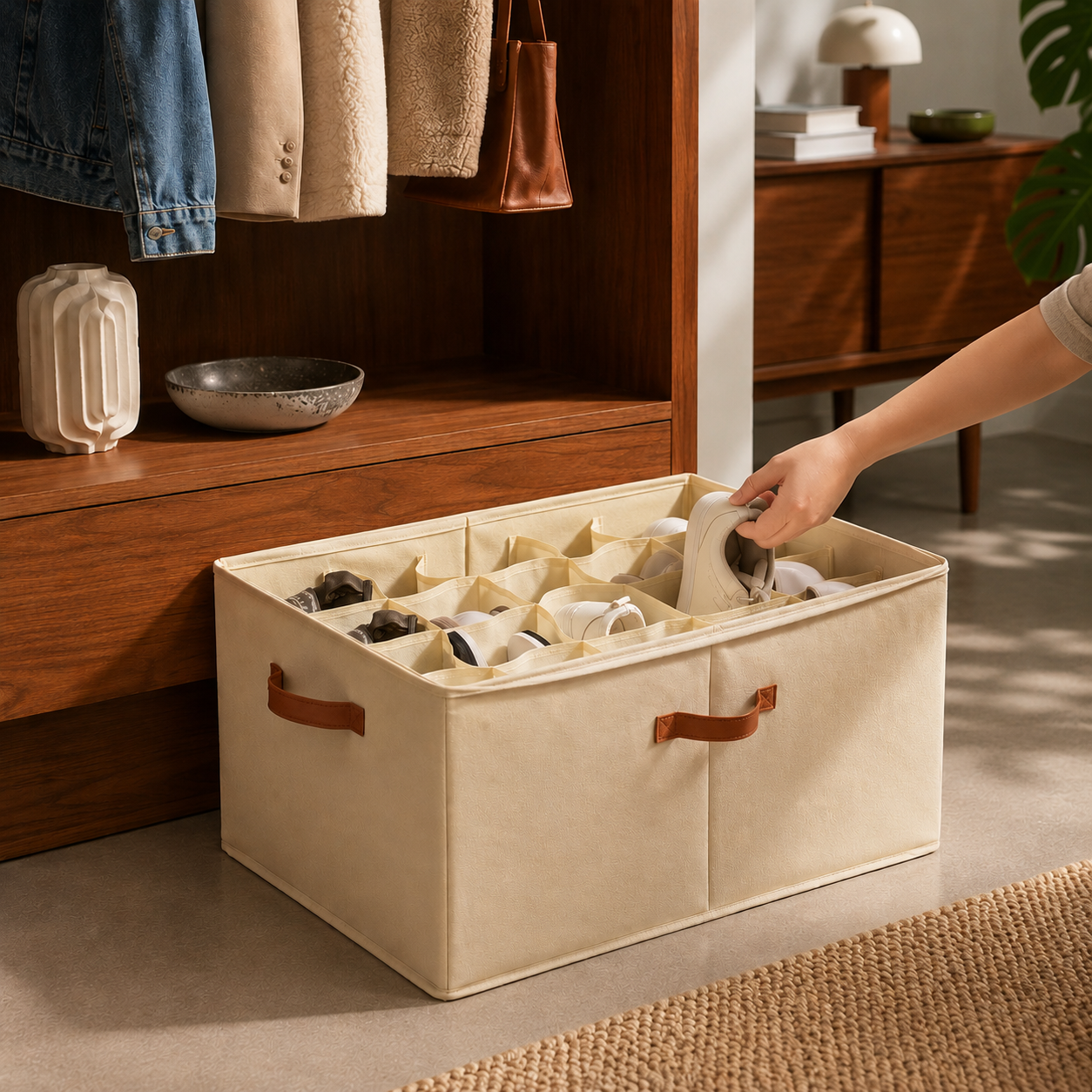 Materiałowy organizer na buty